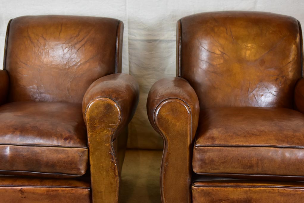 Pair of vintage French leather club chairs - 1960's