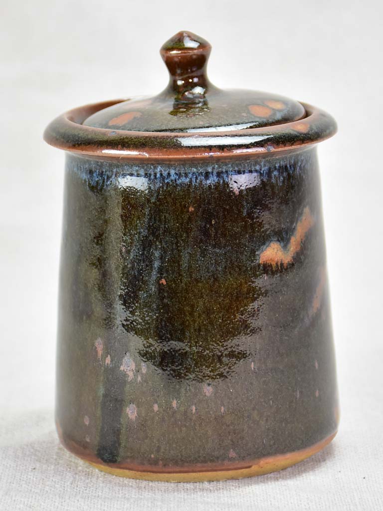 Vintage lidded sandstone pot from La Borne with dark brown green and blue glaze 5½"