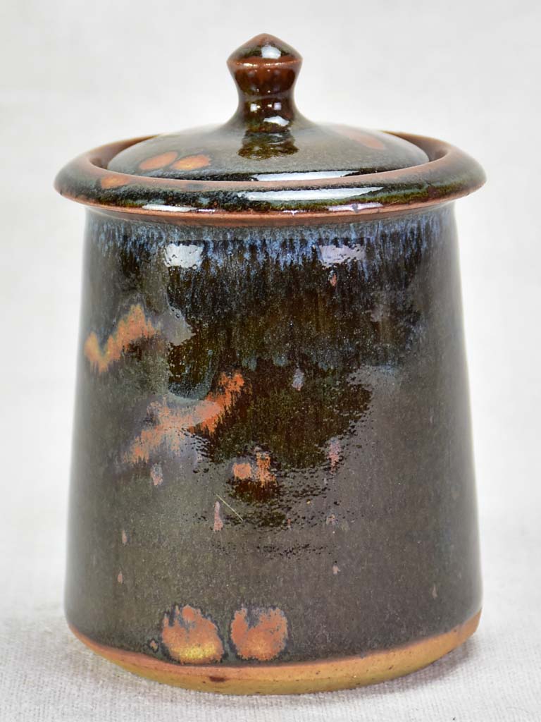 Vintage lidded sandstone pot from La Borne with dark brown green and blue glaze 5½"