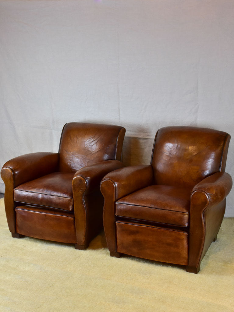 Pair of vintage French leather club chairs - 1960's