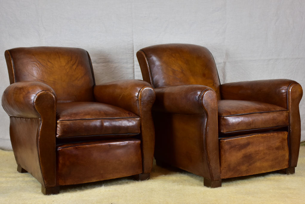 Pair of vintage French leather club chairs - 1960's