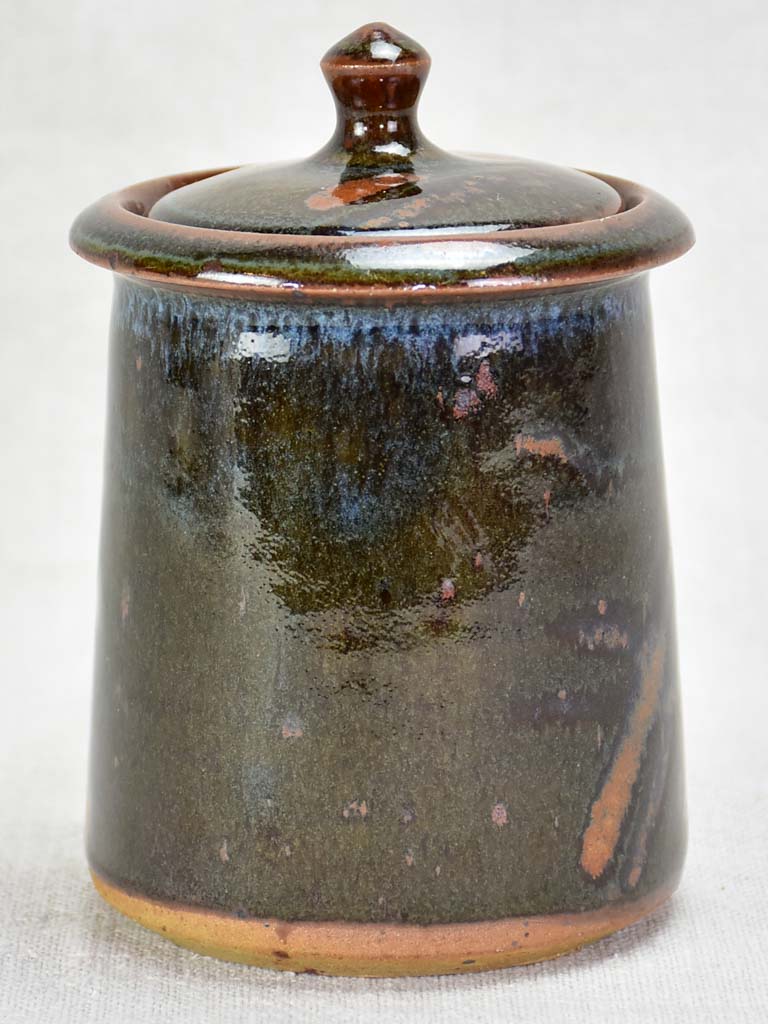 Vintage lidded sandstone pot from La Borne with dark brown green and blue glaze 5½"