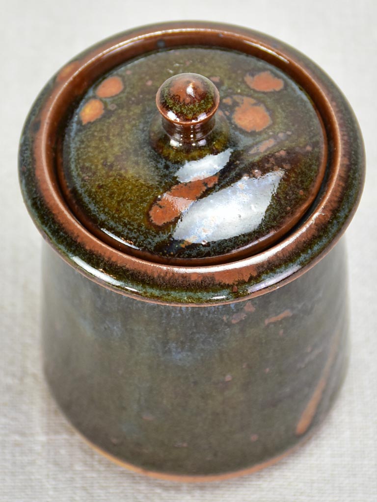 Vintage lidded sandstone pot from La Borne with dark brown green and blue glaze 5½"