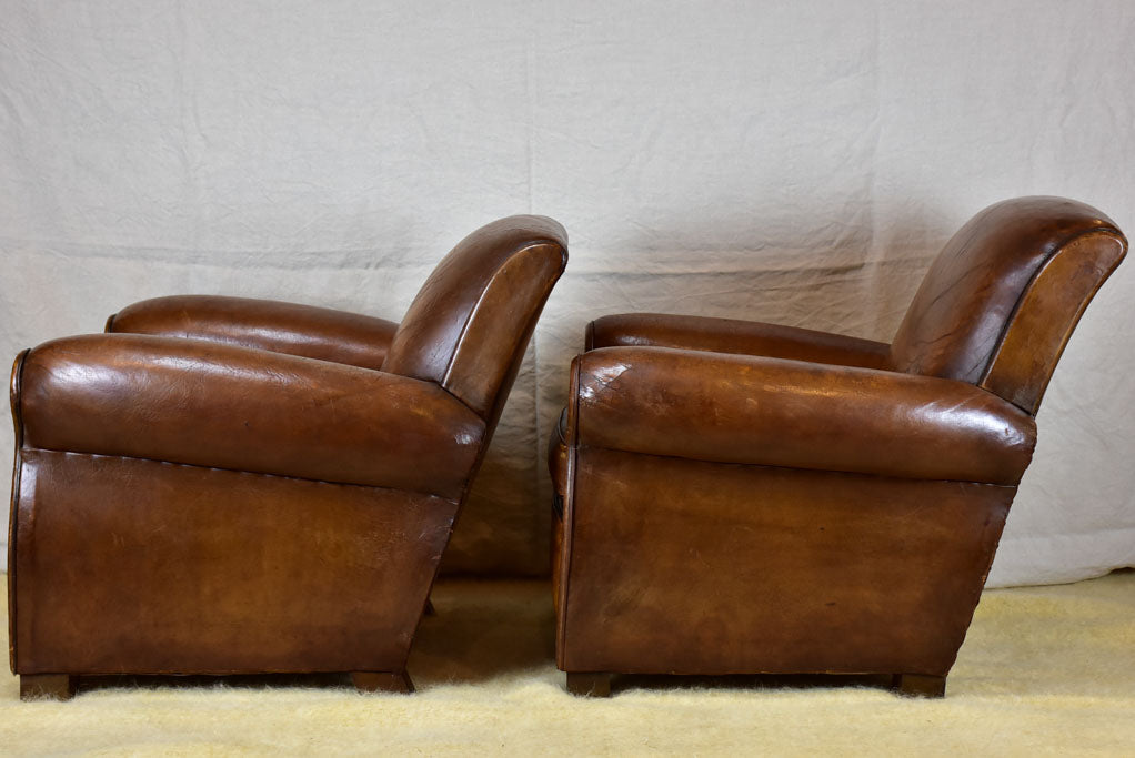 Pair of vintage French leather club chairs - 1960's