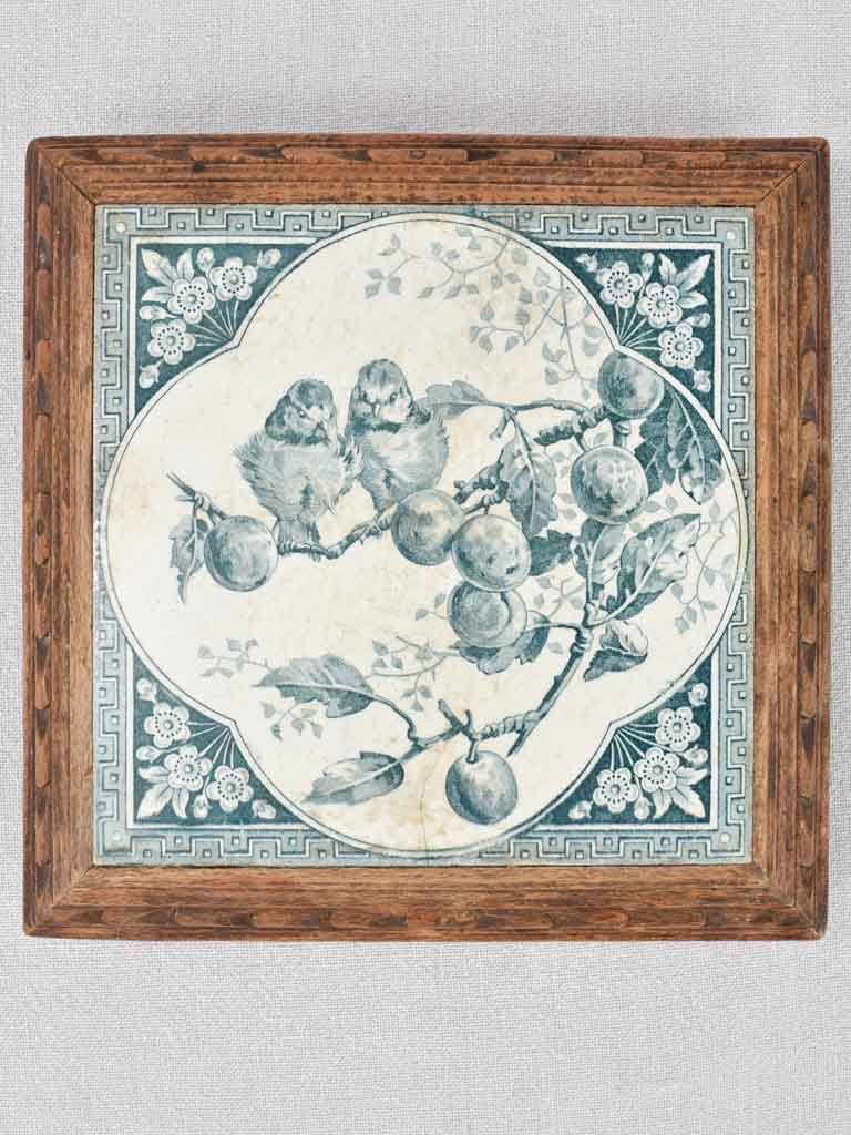 Trivet, tile & beech wood, 19th-century, 10¼"