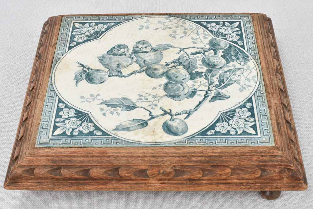 Trivet, tile & beech wood, 19th-century, 10¼"