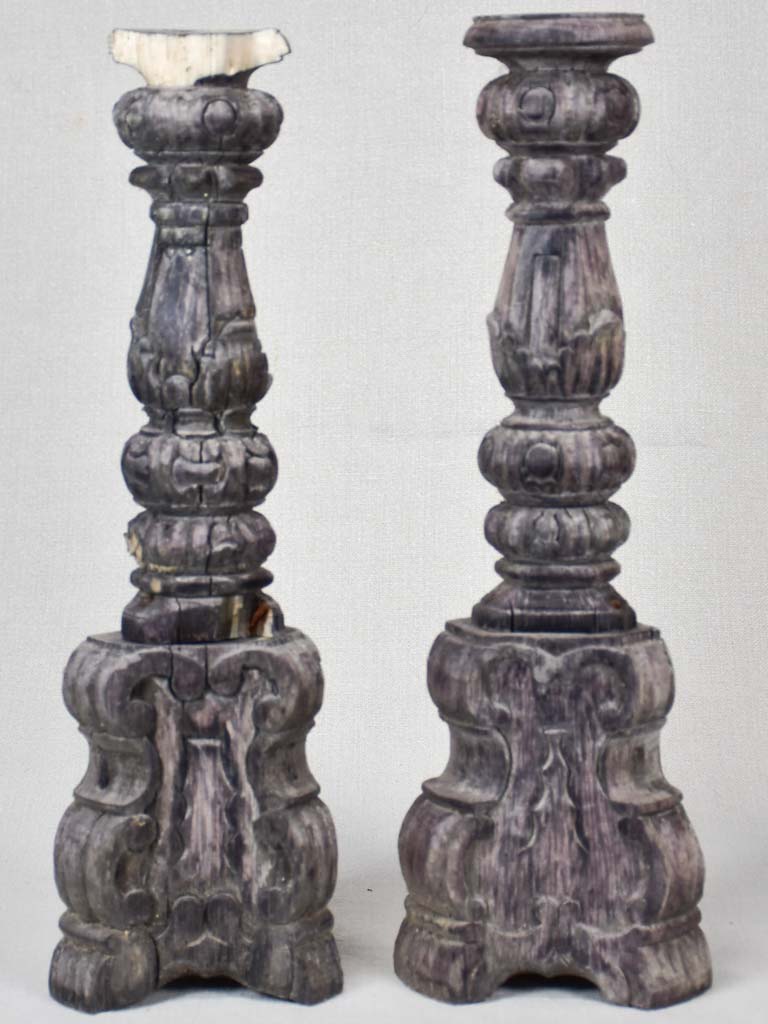 Pair of rustic carved candlesticks with charcoal patina 15¾"