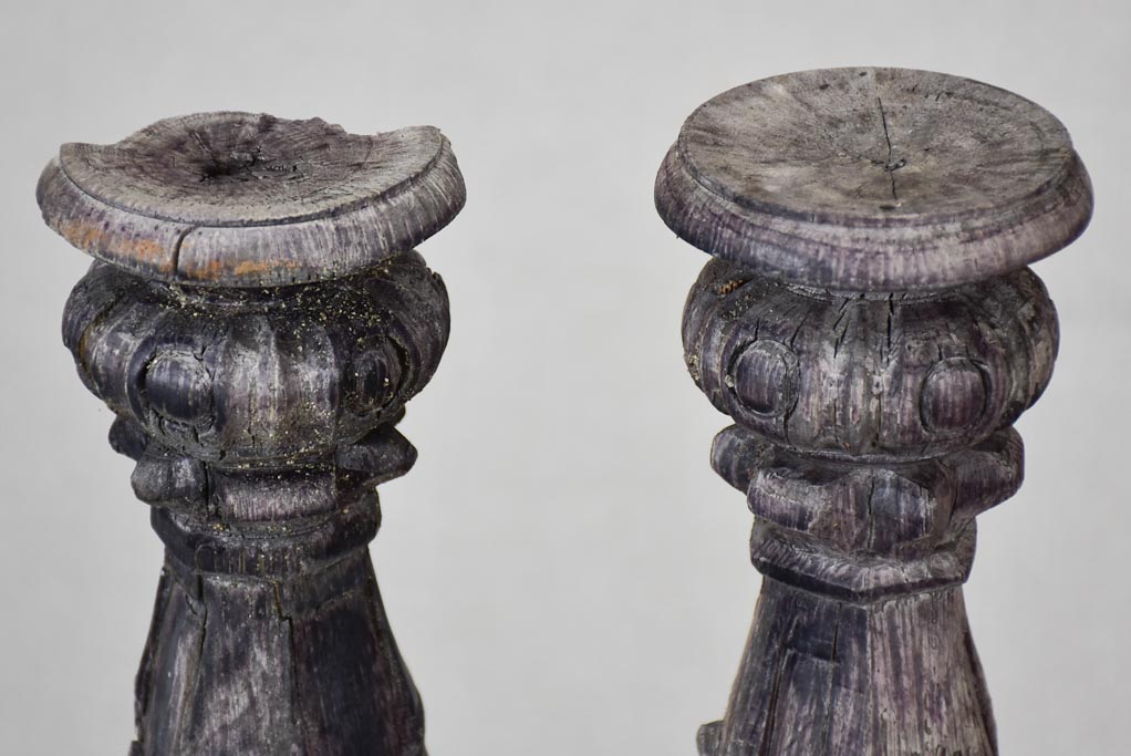 Pair of rustic carved candlesticks with charcoal patina 15¾"