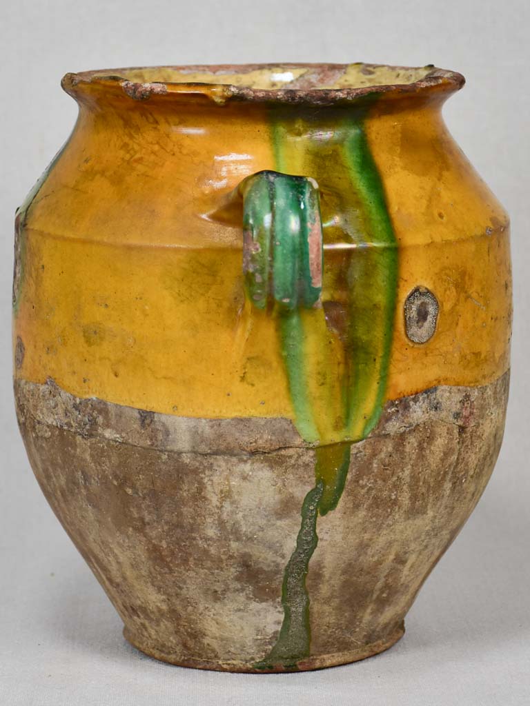 19th-century French confit pot with yellow and green glaze 11"