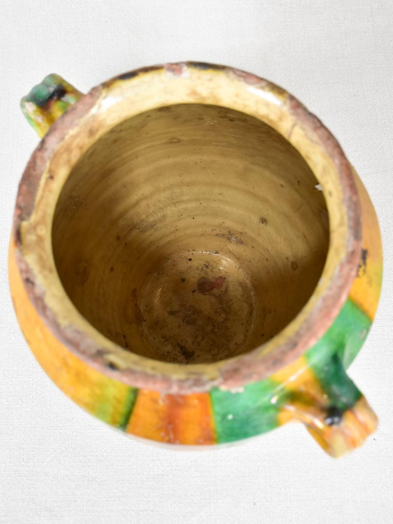 19th-century French confit pot with yellow and green glaze 11"