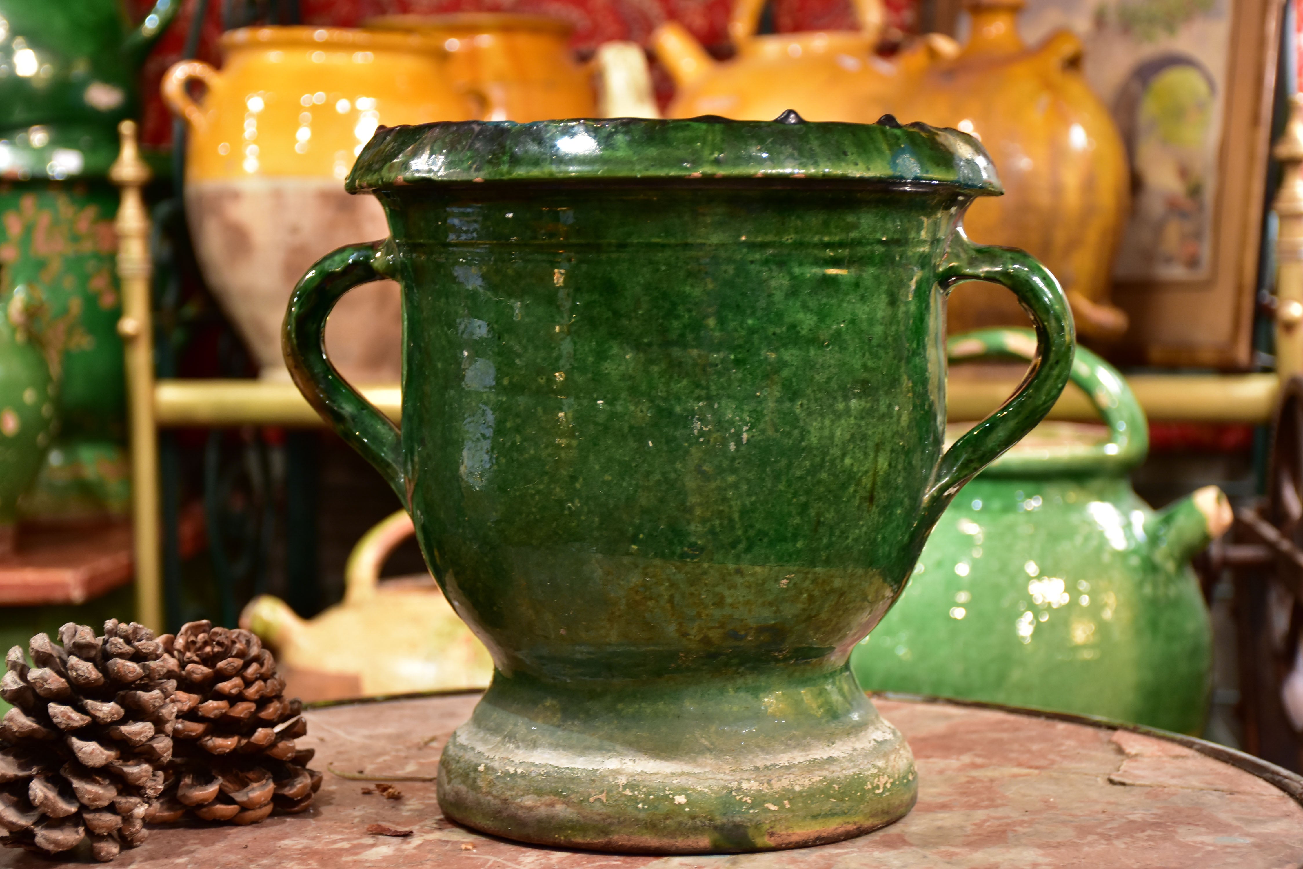 Antique French planter from Castelnaudary with dark green glaze