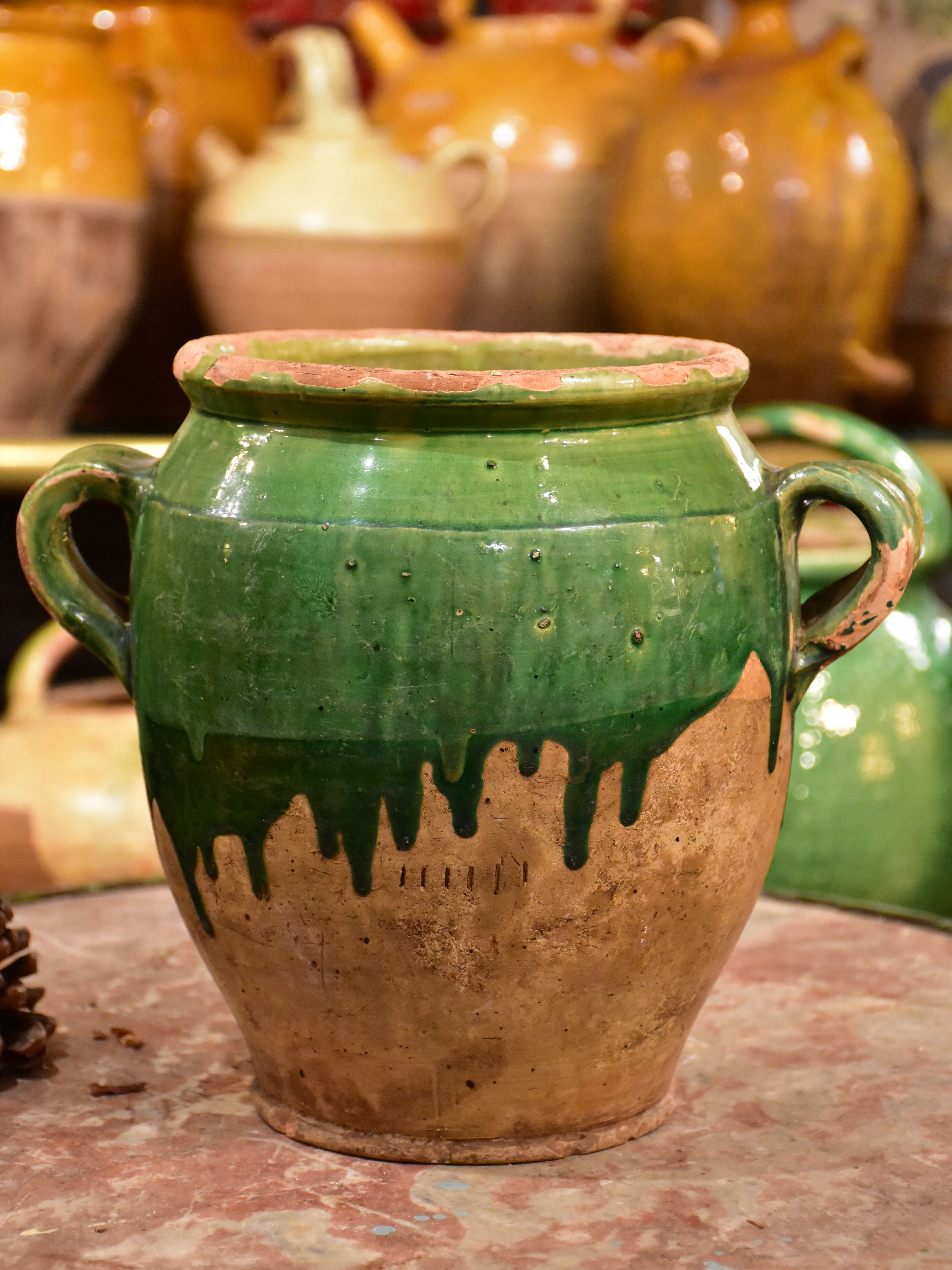 Antique French confit pot with green glaze