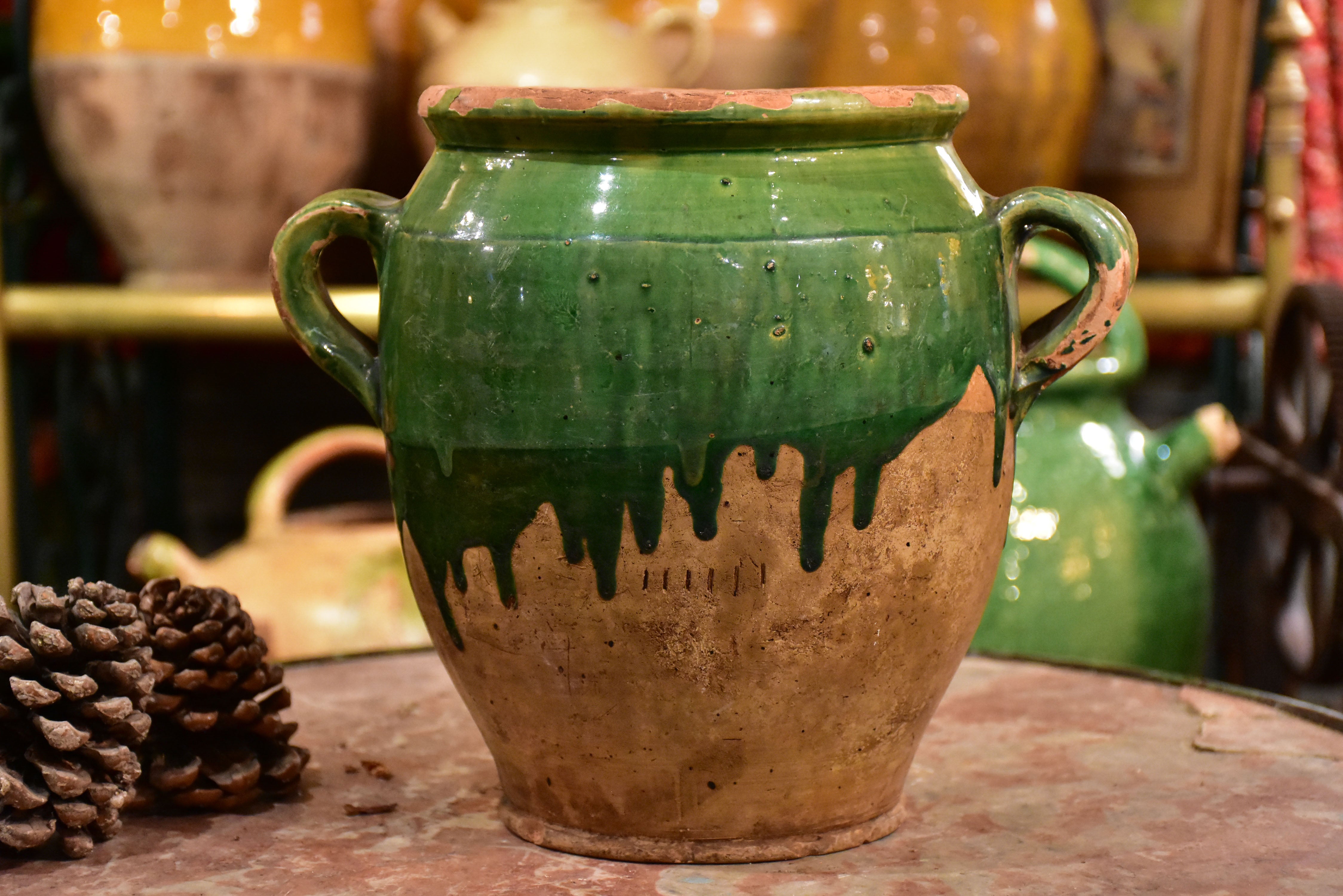 Antique French confit pot with green glaze