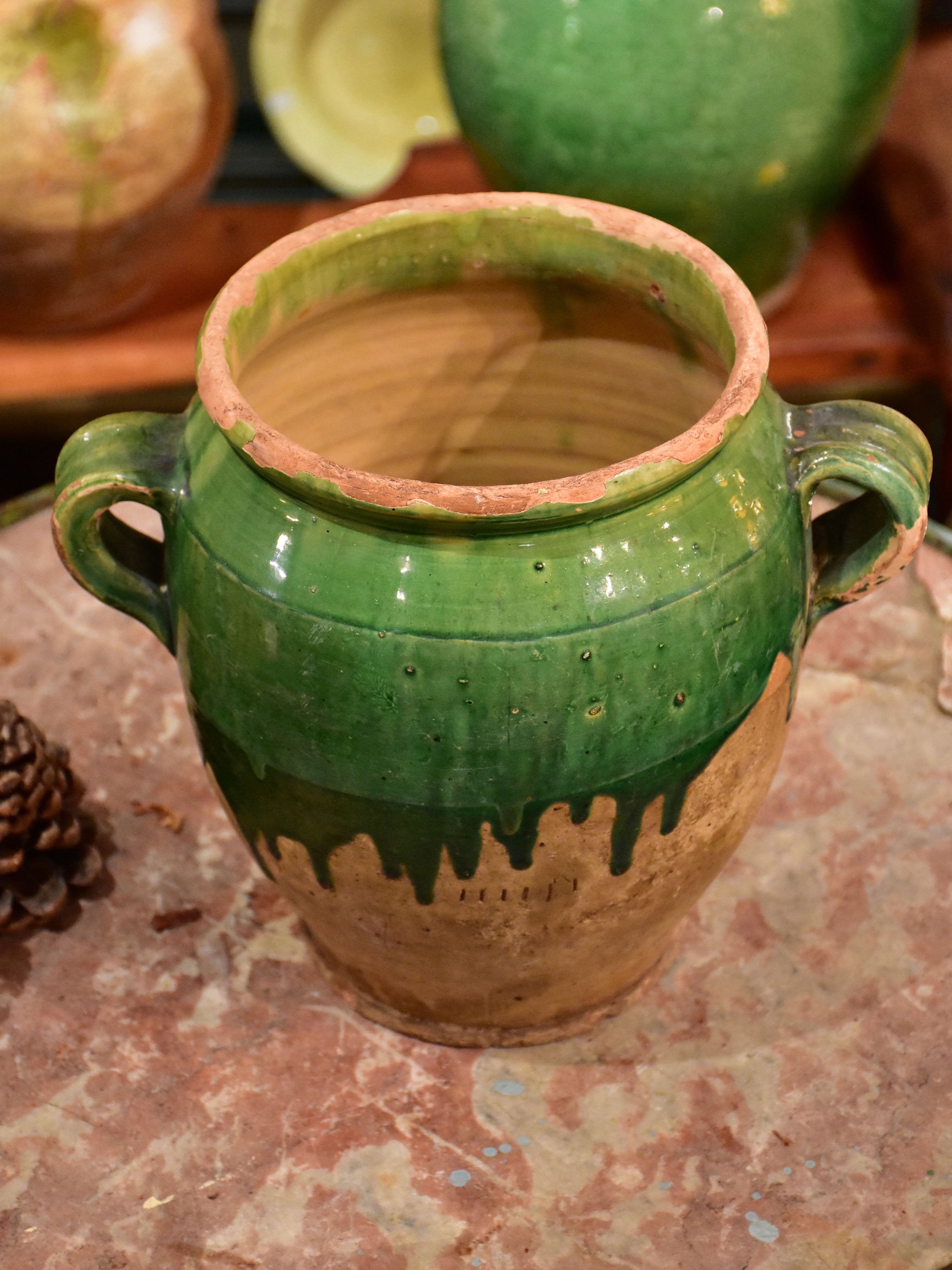 Antique French confit pot with green glaze