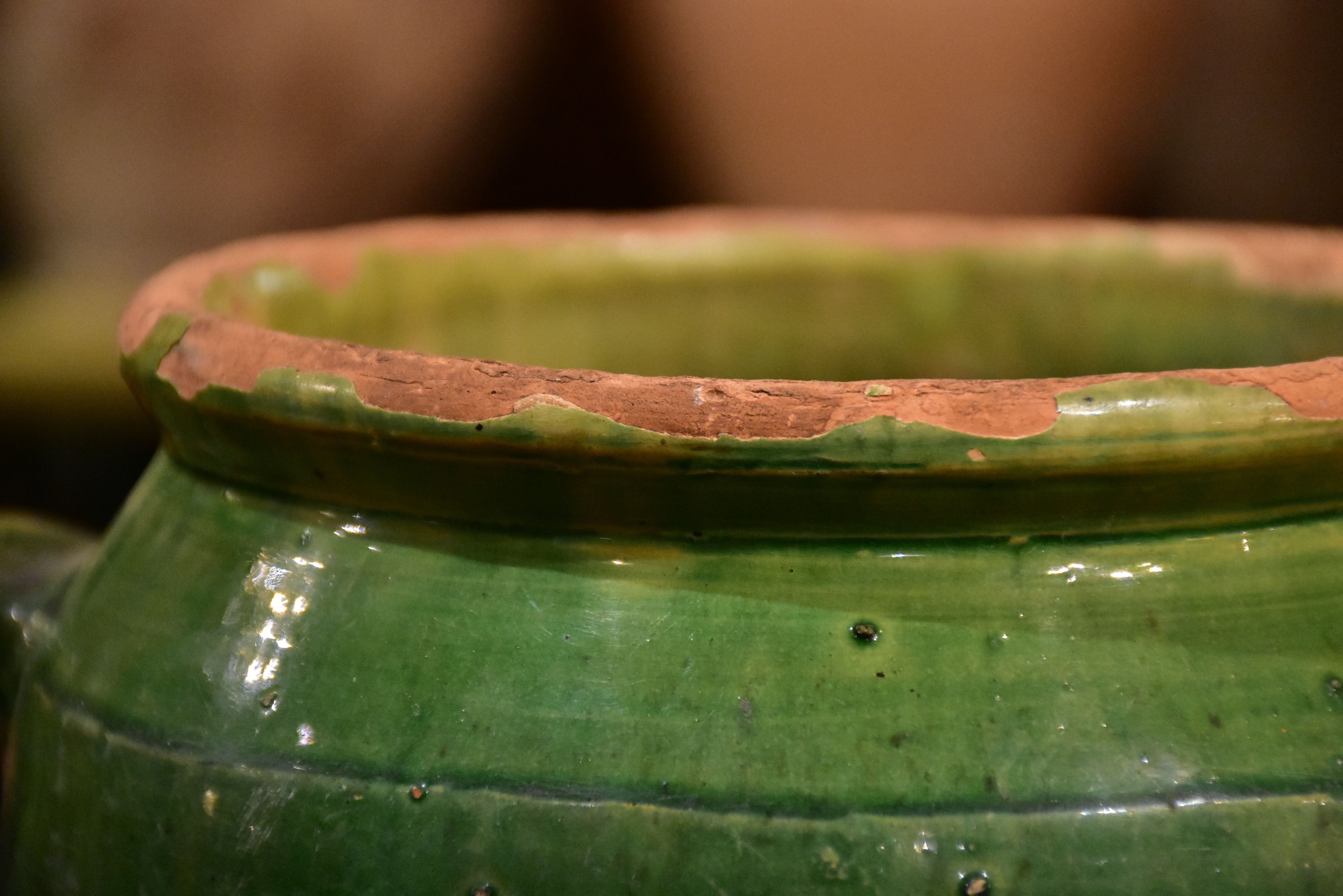 Antique French confit pot with green glaze