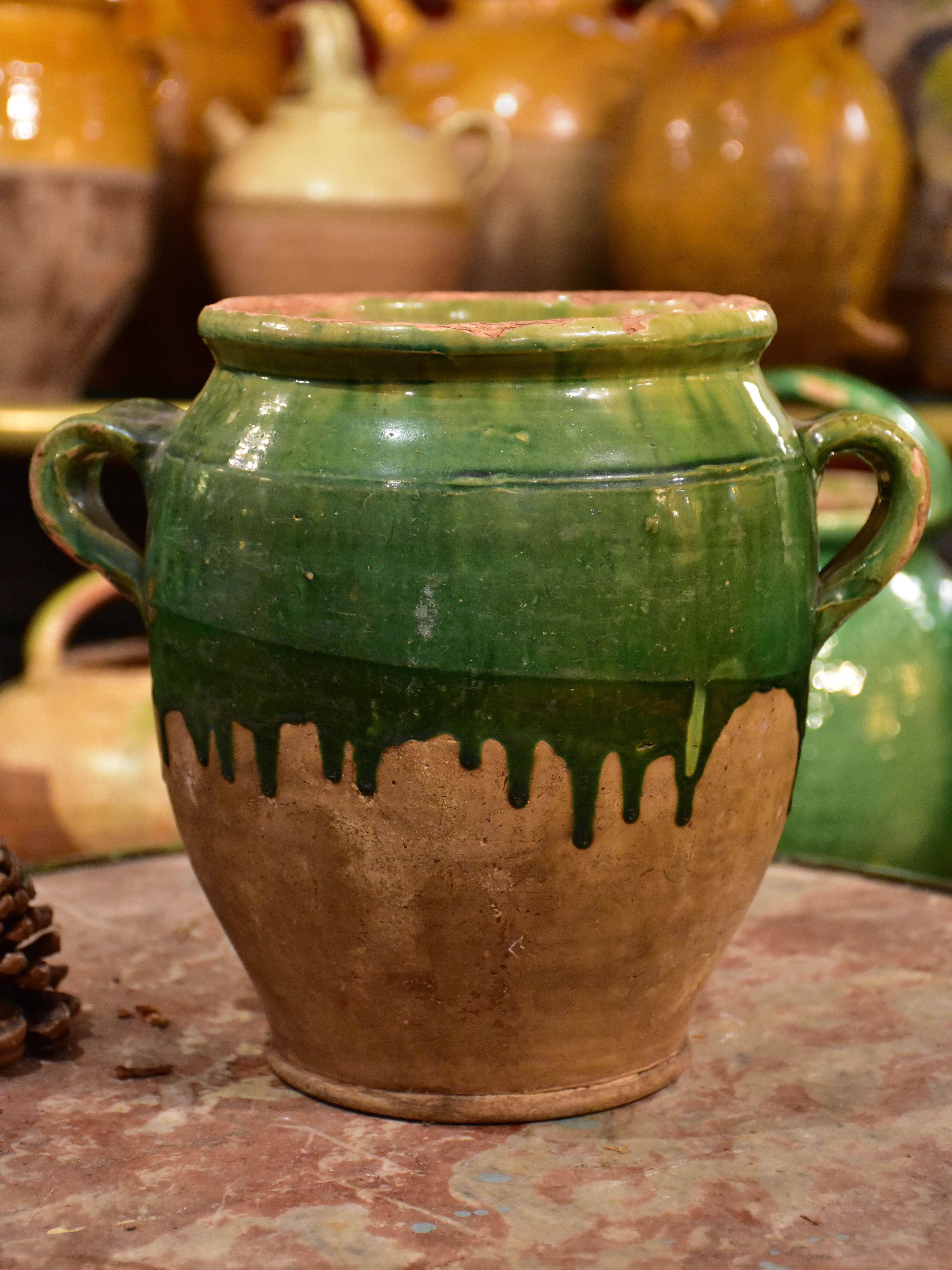 Antique French confit pot with green glaze