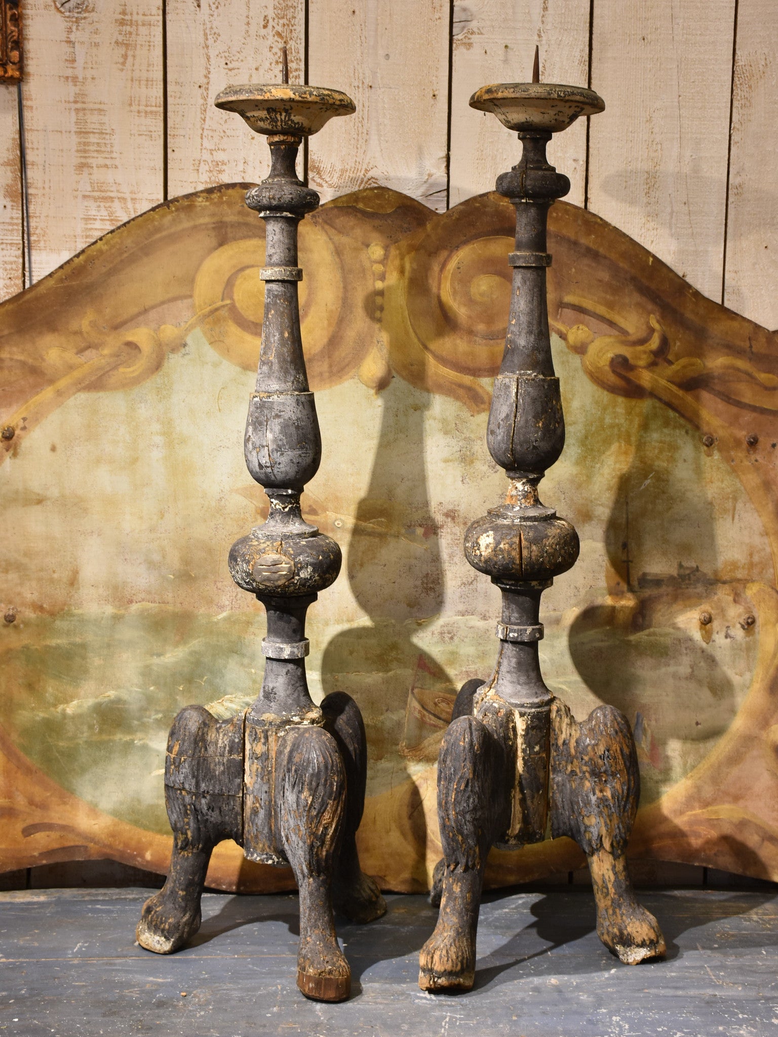 Antique altar candlesticks, wooden, Italian (two)