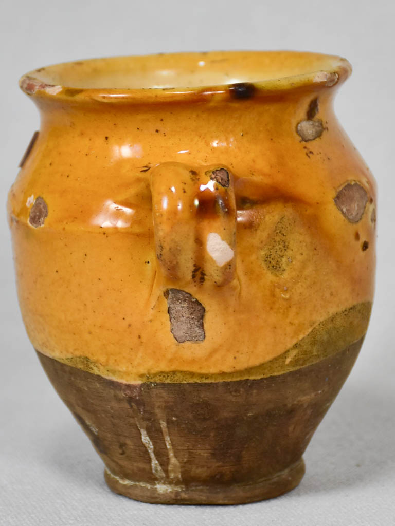 Extra small antique French confit pot with yellow ocher glaze 4¼"