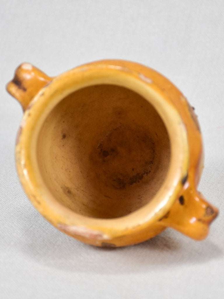 Extra small antique French confit pot with yellow ocher glaze 4¼"