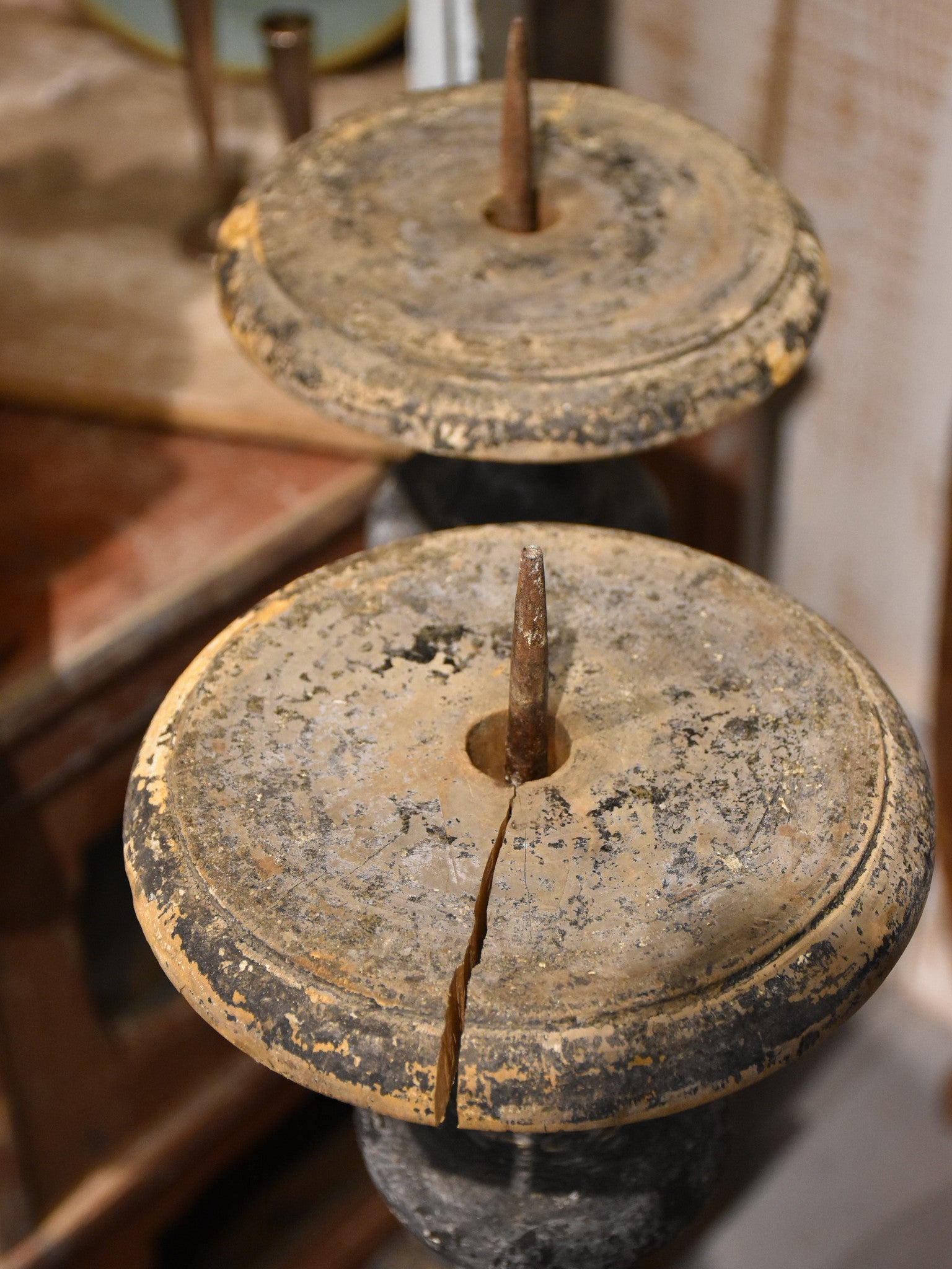 Antique altar candlesticks, wooden, Italian (two)