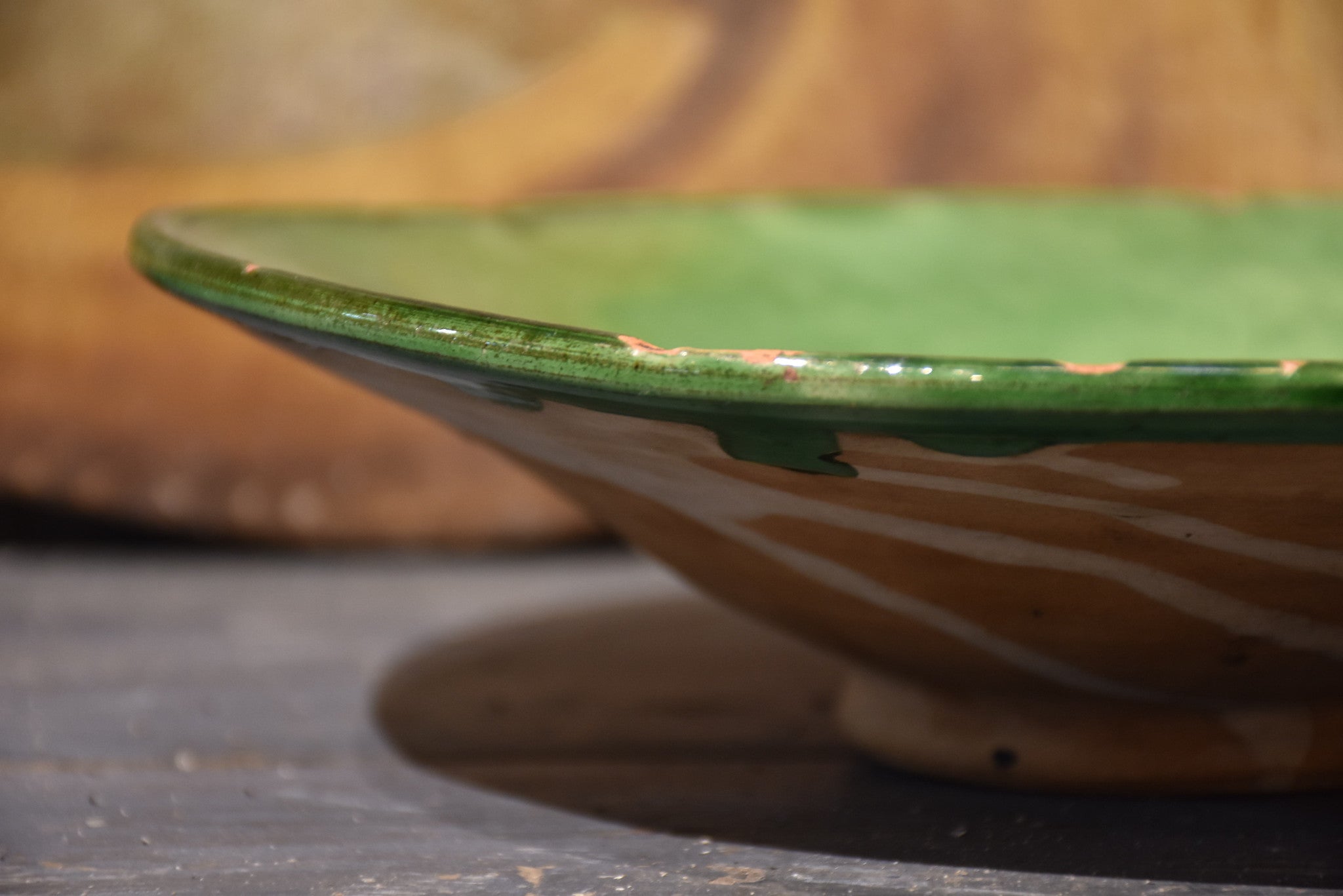 Antique ceramic bowl (vire-omelette) green glaze