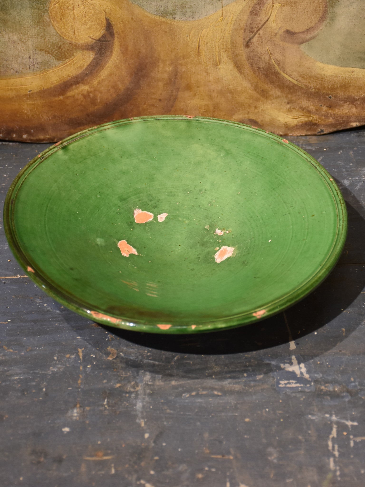 Antique ceramic bowl (vire-omelette) green glaze