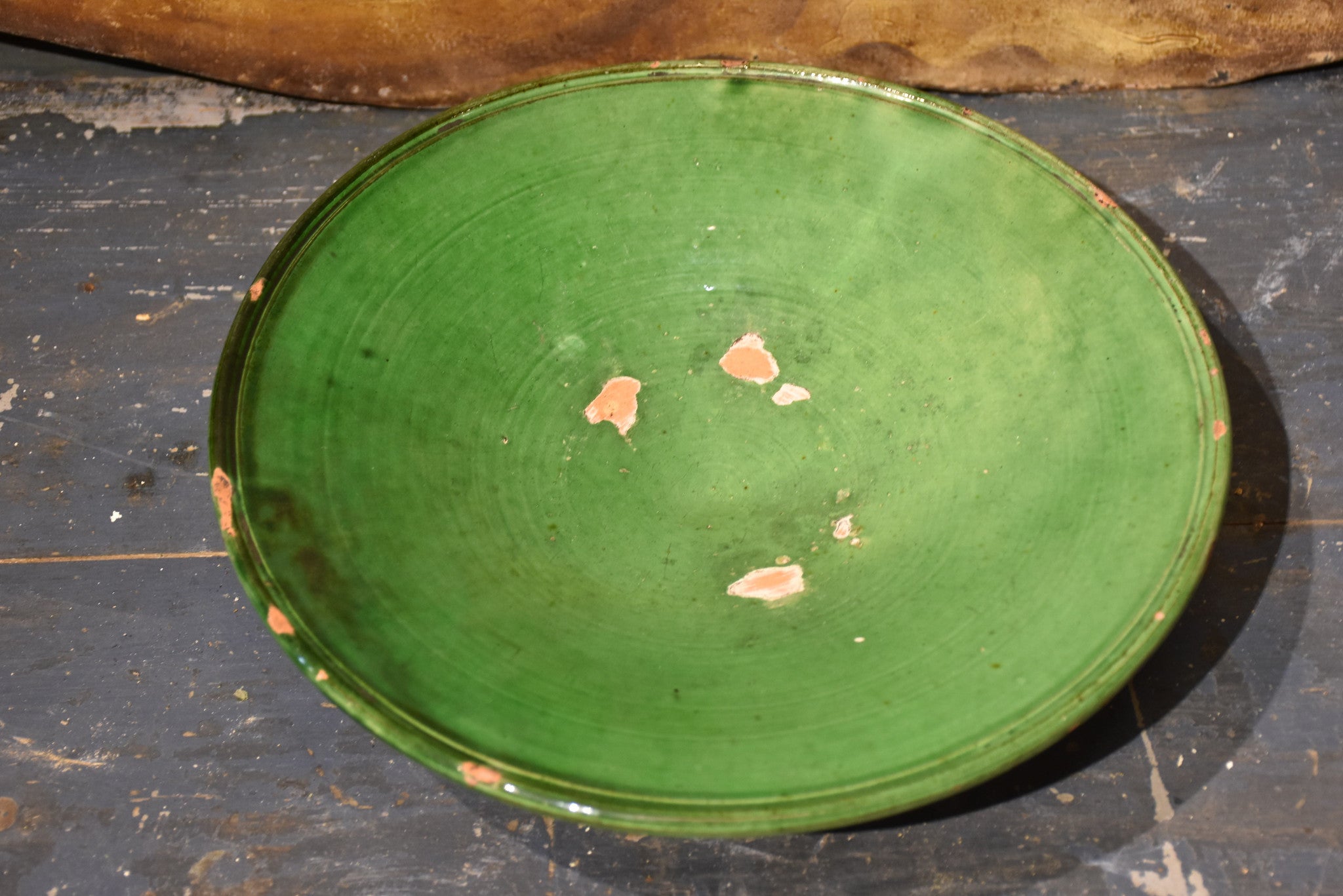 Antique ceramic bowl (vire-omelette) green glaze