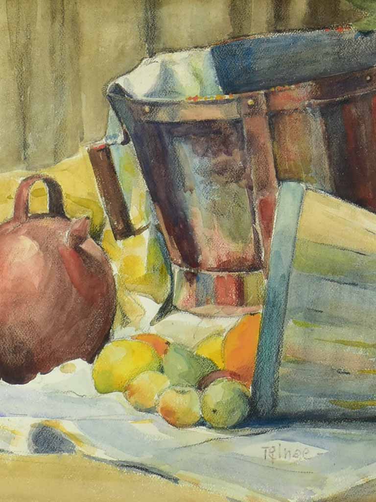 Vintage French watercolor still life - fruit and baskets 28¾" x 23¼"