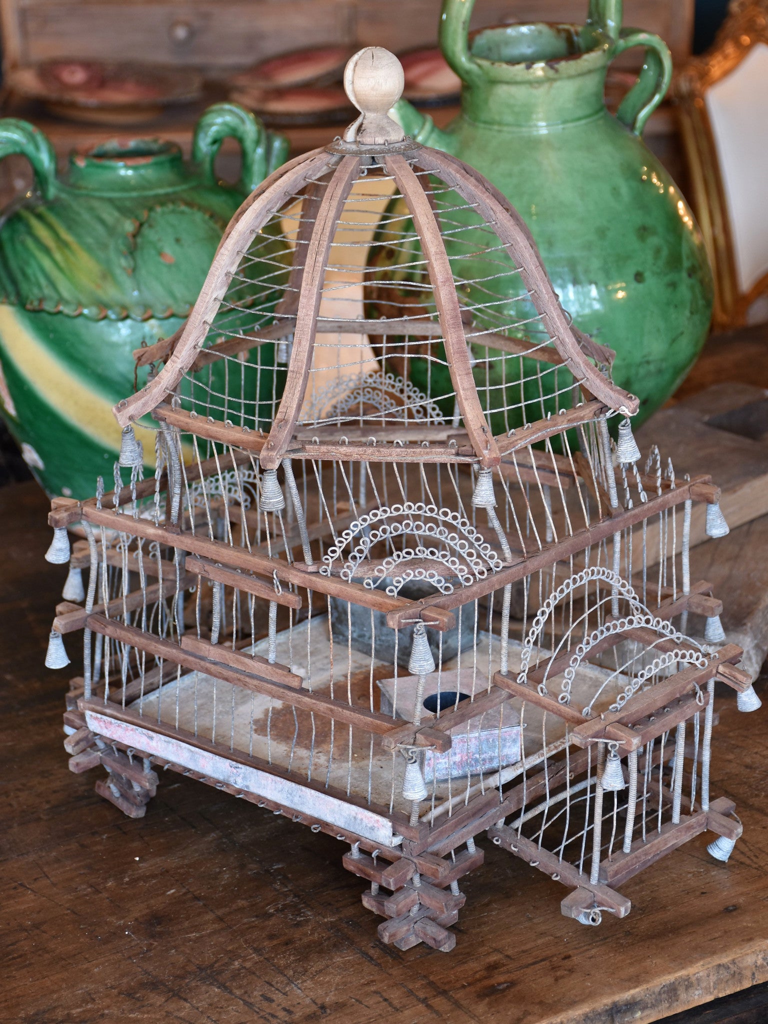 Antique French birdcage with zinc feeders