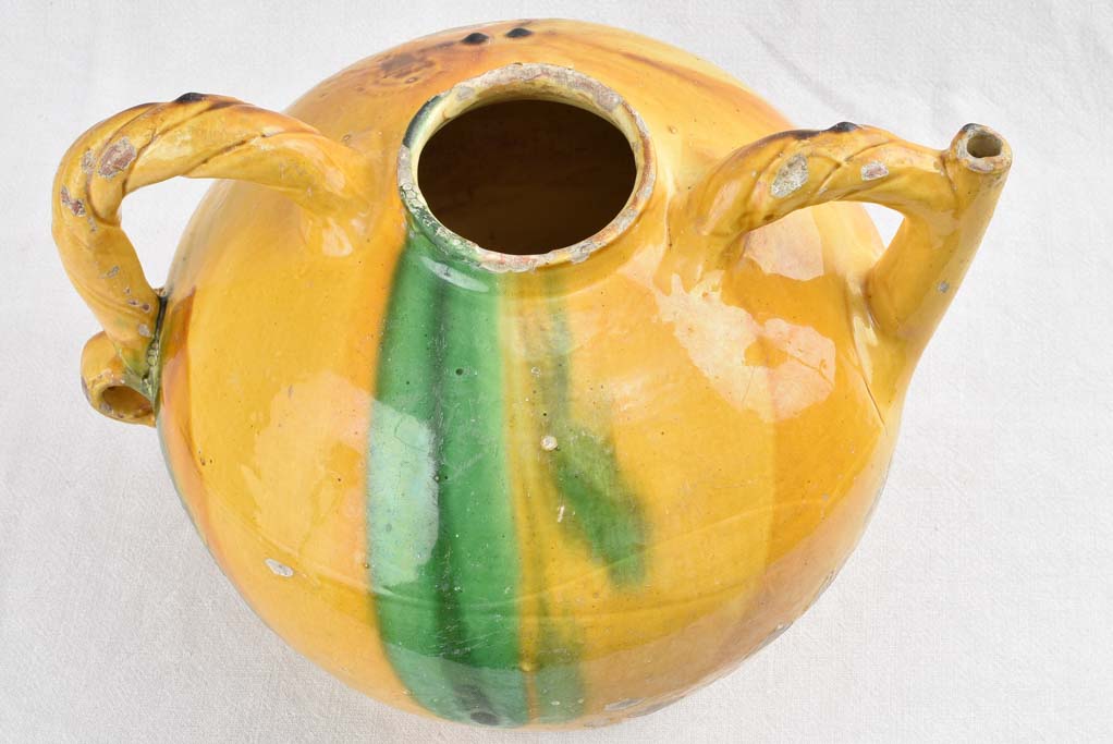 Historic French green-yellow ceramic orjol jug