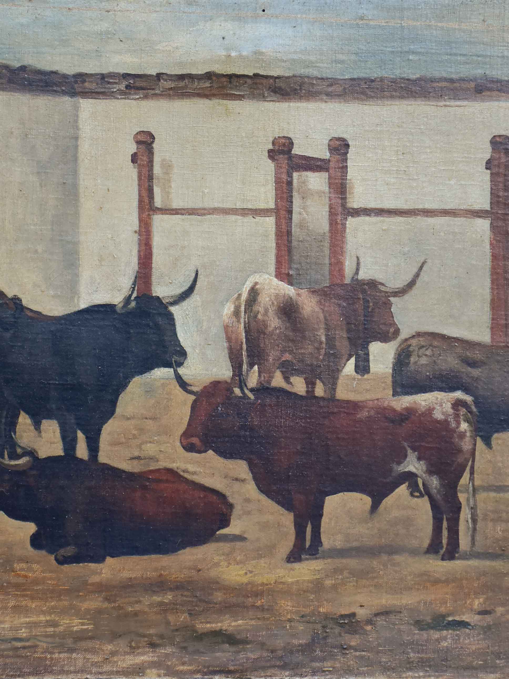 Antique painting of bulls in farm stables 13 ¼'' x 16 ¼''