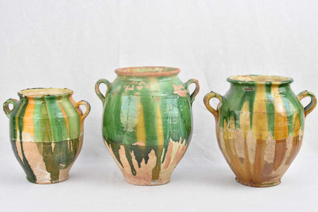 Collection of three green and yellow confit pots - 19th century 13¾"