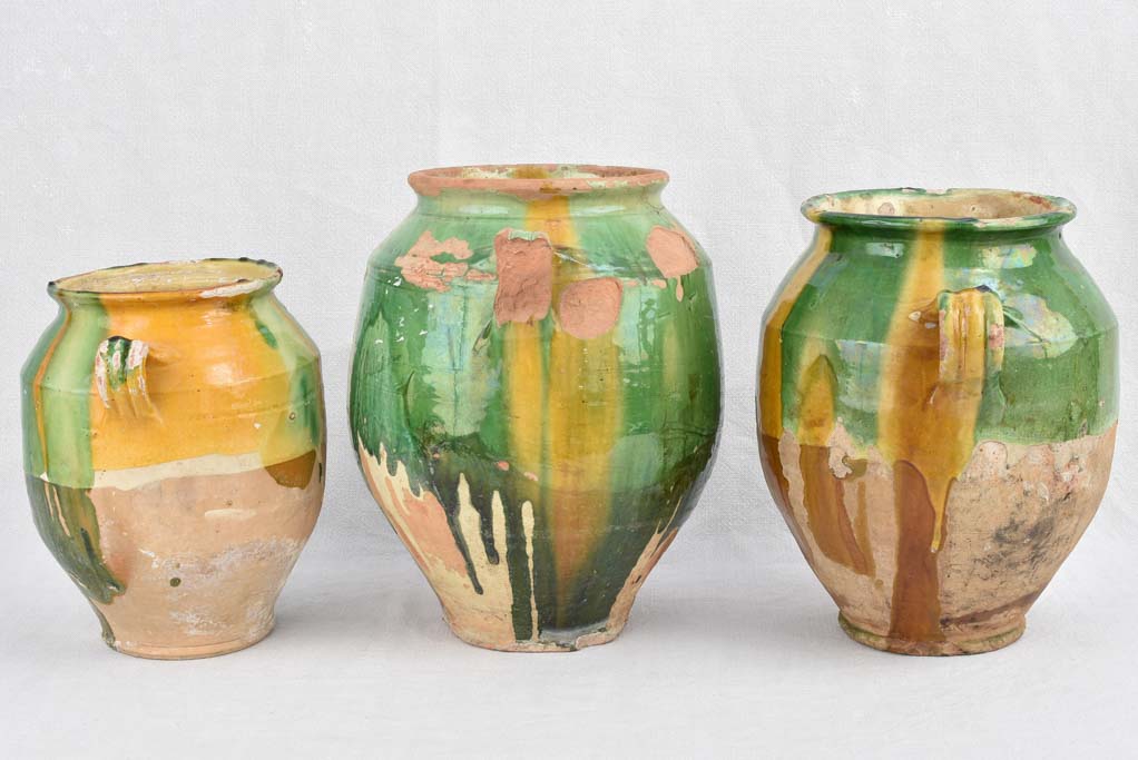 Collection of three green and yellow confit pots - 19th century 13¾"