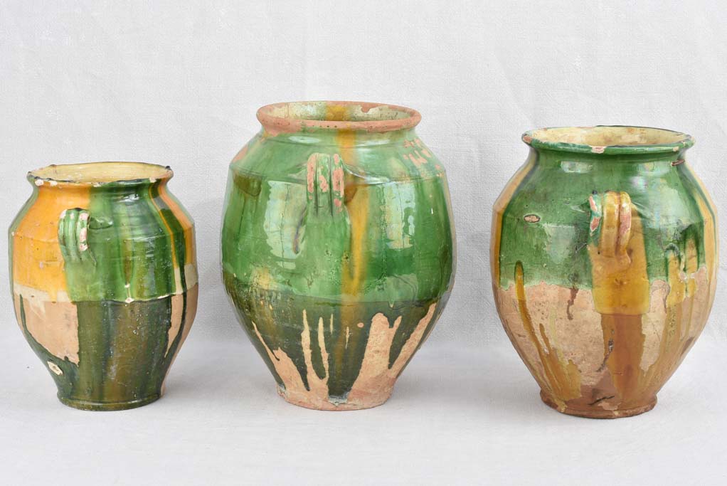 Collection of three green and yellow confit pots - 19th century 13¾"