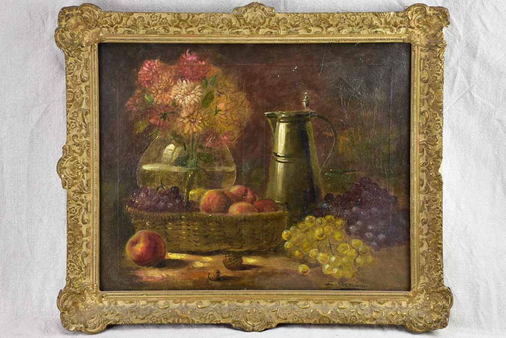 Antique French still life with Dahlias and autumn fruit. Oil on canvas. Signed 23¼" x 19¾"