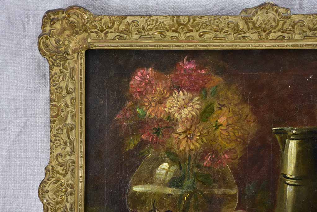 Antique French still life with Dahlias and autumn fruit. Oil on canvas. Signed 23¼" x 19¾"