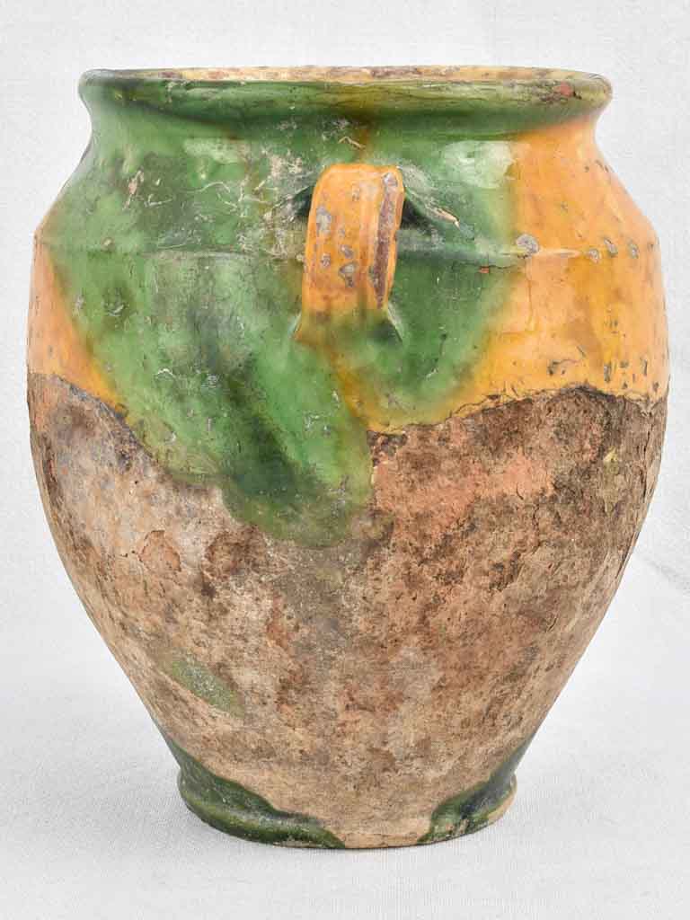 Antique French confit pot with green and yellow glaze 10¼"