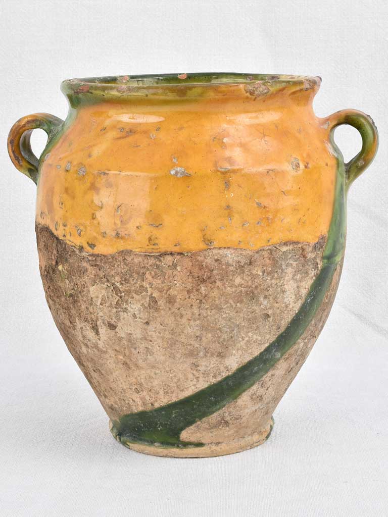 Antique French confit pot with green and yellow glaze 10¼"