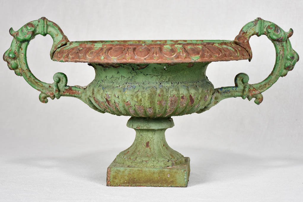 Antique French Medici vase with large handles and green patina