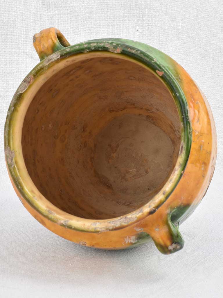 Antique French confit pot with green and yellow glaze 10¼"