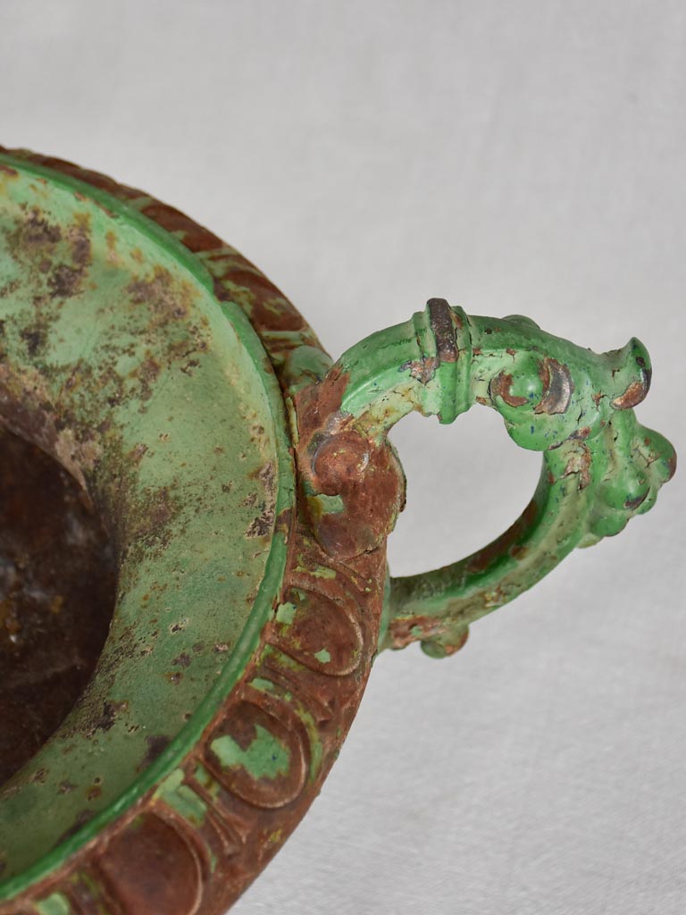 Antique French Medici vase with large handles and green patina