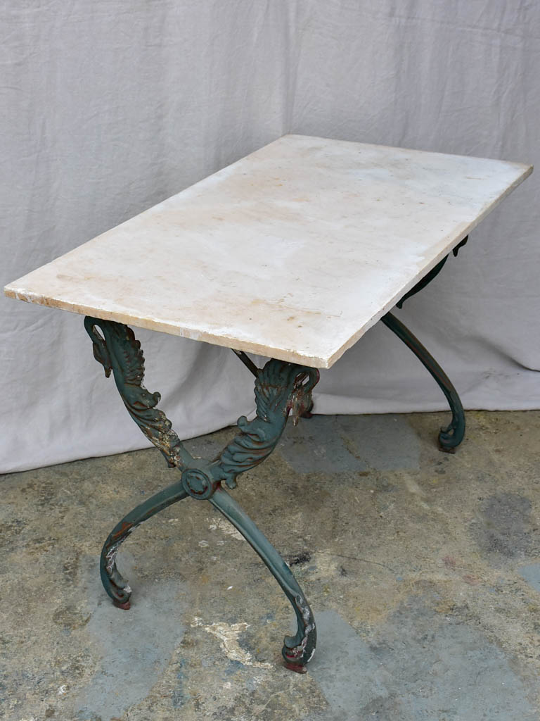 Rectangular antique French garden table with cast iron swan base and marble top 43¼" x 24½"