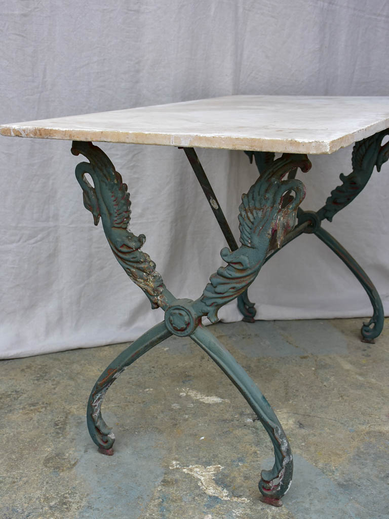 Rectangular antique French garden table with cast iron swan base and marble top 43¼" x 24½"