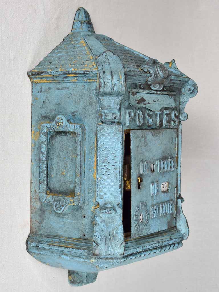 Early 20th-century dated French post box with light blue patina ' Mougeotte' 13½" x 25½"