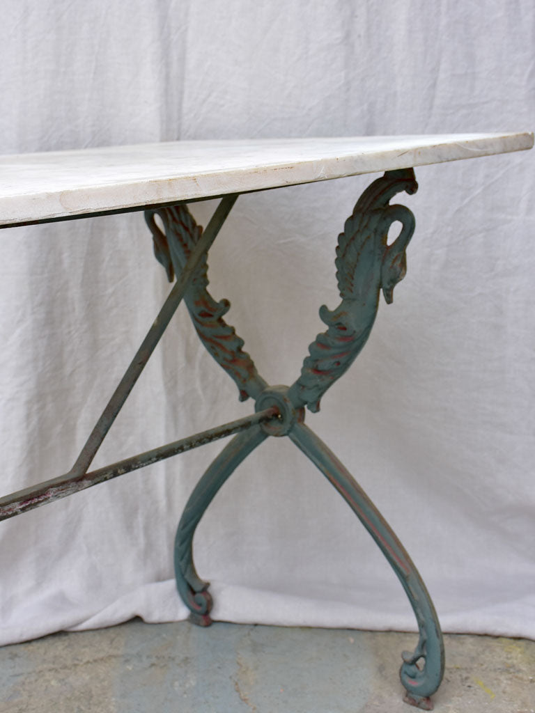 Rectangular antique French garden table with cast iron swan base and marble top 43¼" x 24½"