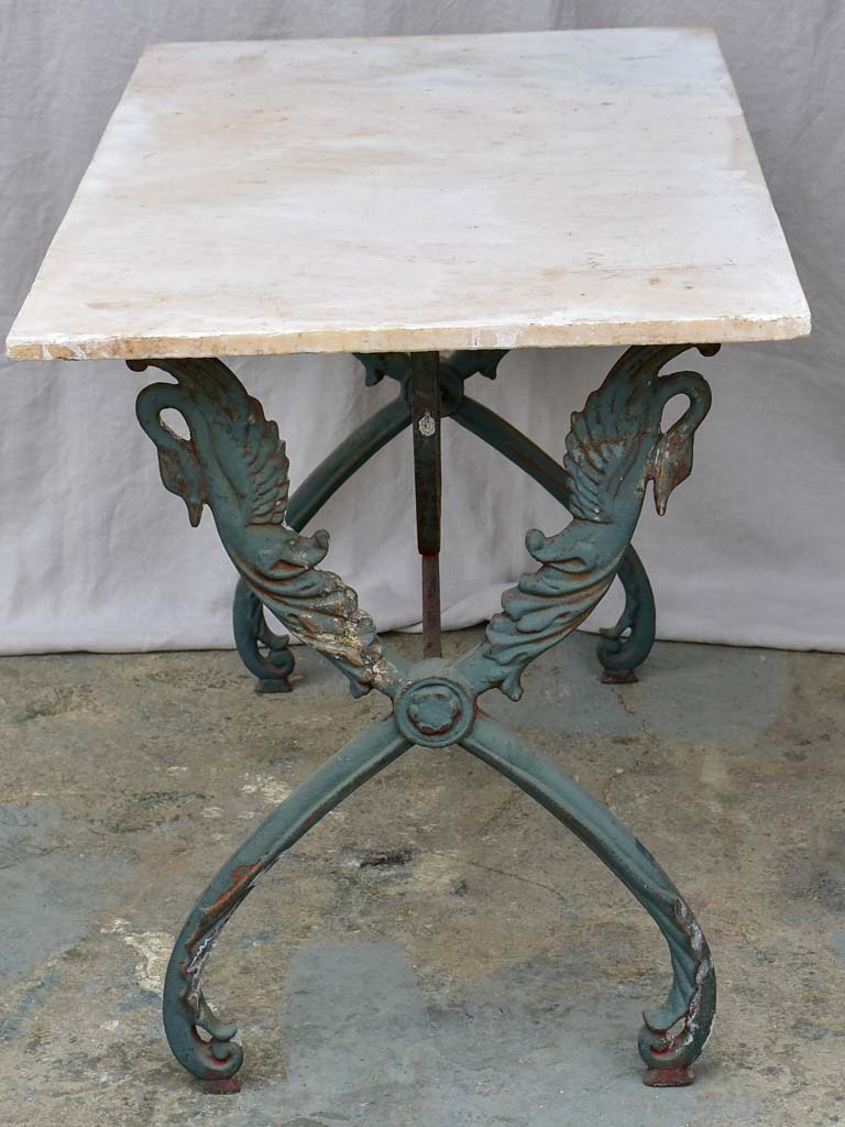 Rectangular antique French garden table with cast iron swan base and marble top 43¼" x 24½"