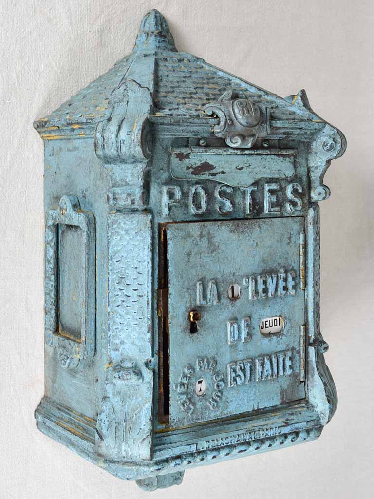 Early 20th-century dated French post box with light blue patina ' Mougeotte' 13½" x 25½"