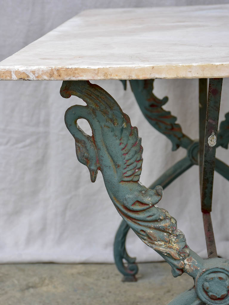 Rectangular antique French garden table with cast iron swan base and marble top 43¼" x 24½"