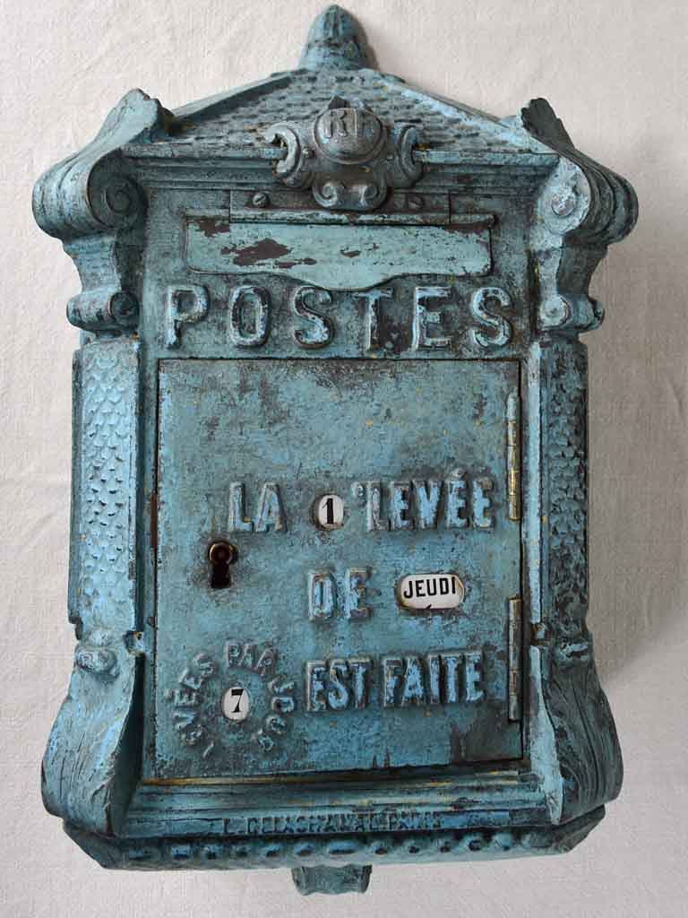 Early 20th-century dated French post box with light blue patina ' Mougeotte' 13½" x 25½"