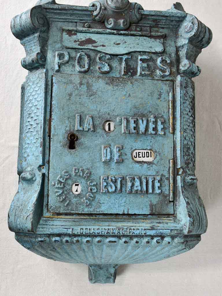 Early 20th-century dated French post box with light blue patina ' Mougeotte' 13½" x 25½"